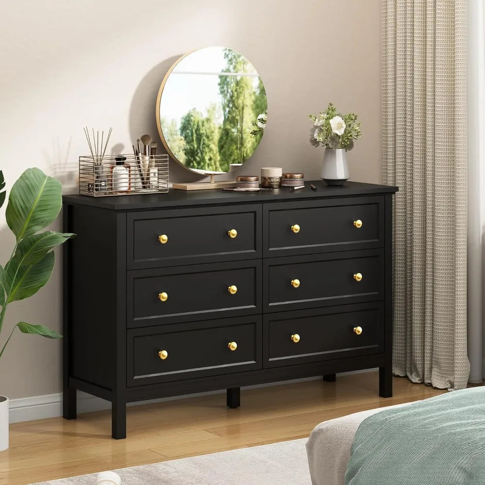 Black Dresser for Bedroom, 6 Drawer Dresser with Wide Drawer and Metal Handles, Wood Dressers & Chests of Drawers for Hallway