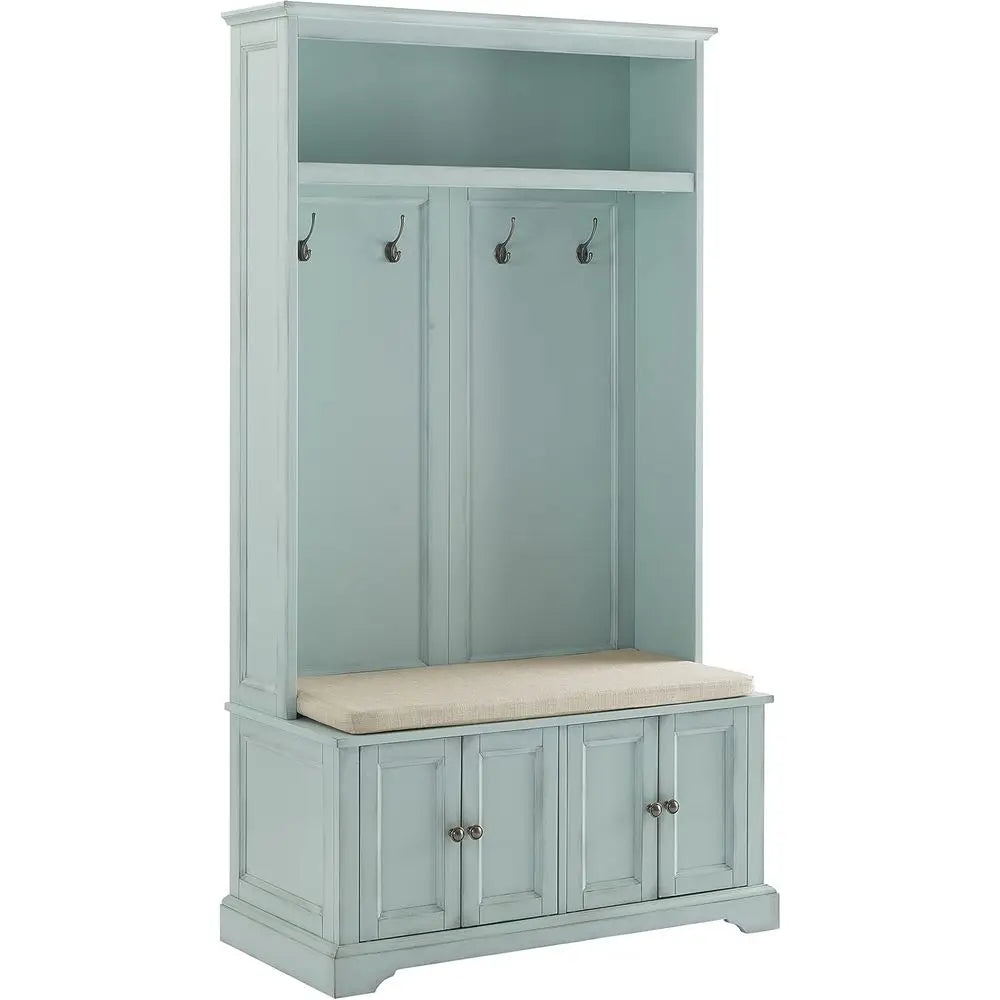 Holbrook Hall Tree with Shoe Rack Bench and Coat Hooks or Hanging Storage, Distred Seaoam Blue