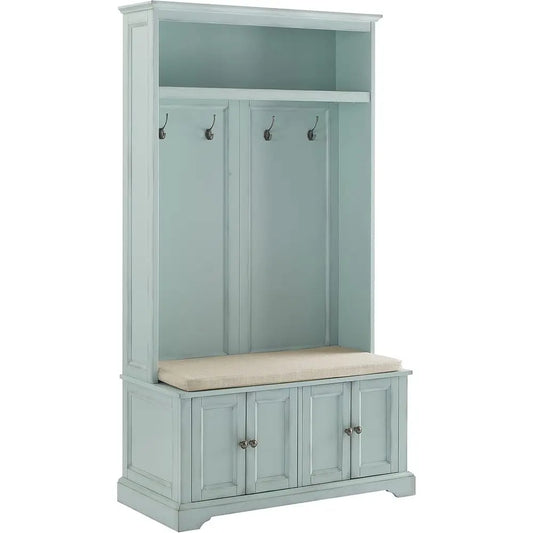 Holbrook Hall Tree with Shoe Rack Bench and Coat Hooks or Hanging Storage, Distred Seaoam Blue