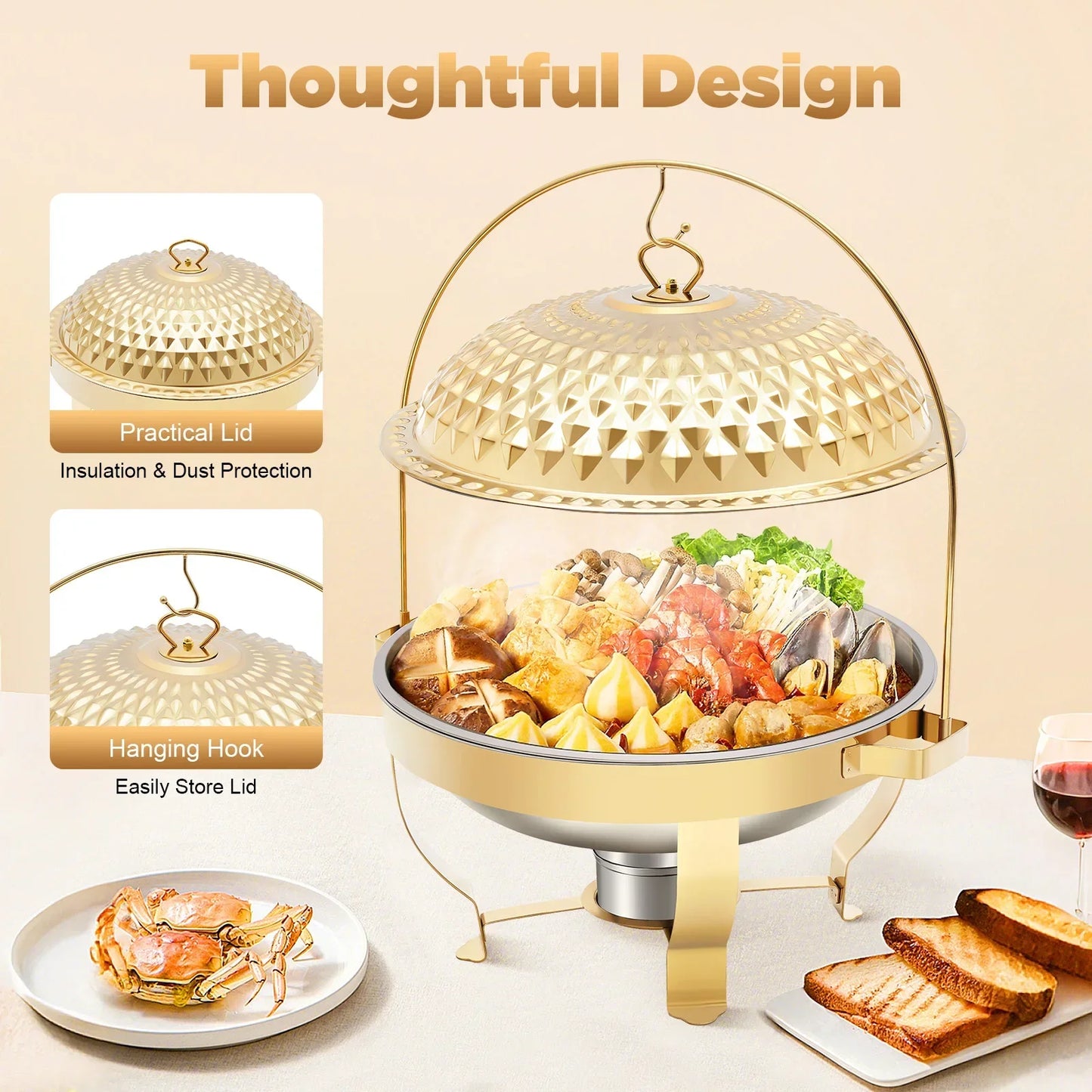 8.5Qt /8L Chafing Dishes for Buffet Stainless Steel Round Buffet Chafer, Gold Hanging Lid Dining Stove, Buffet Server