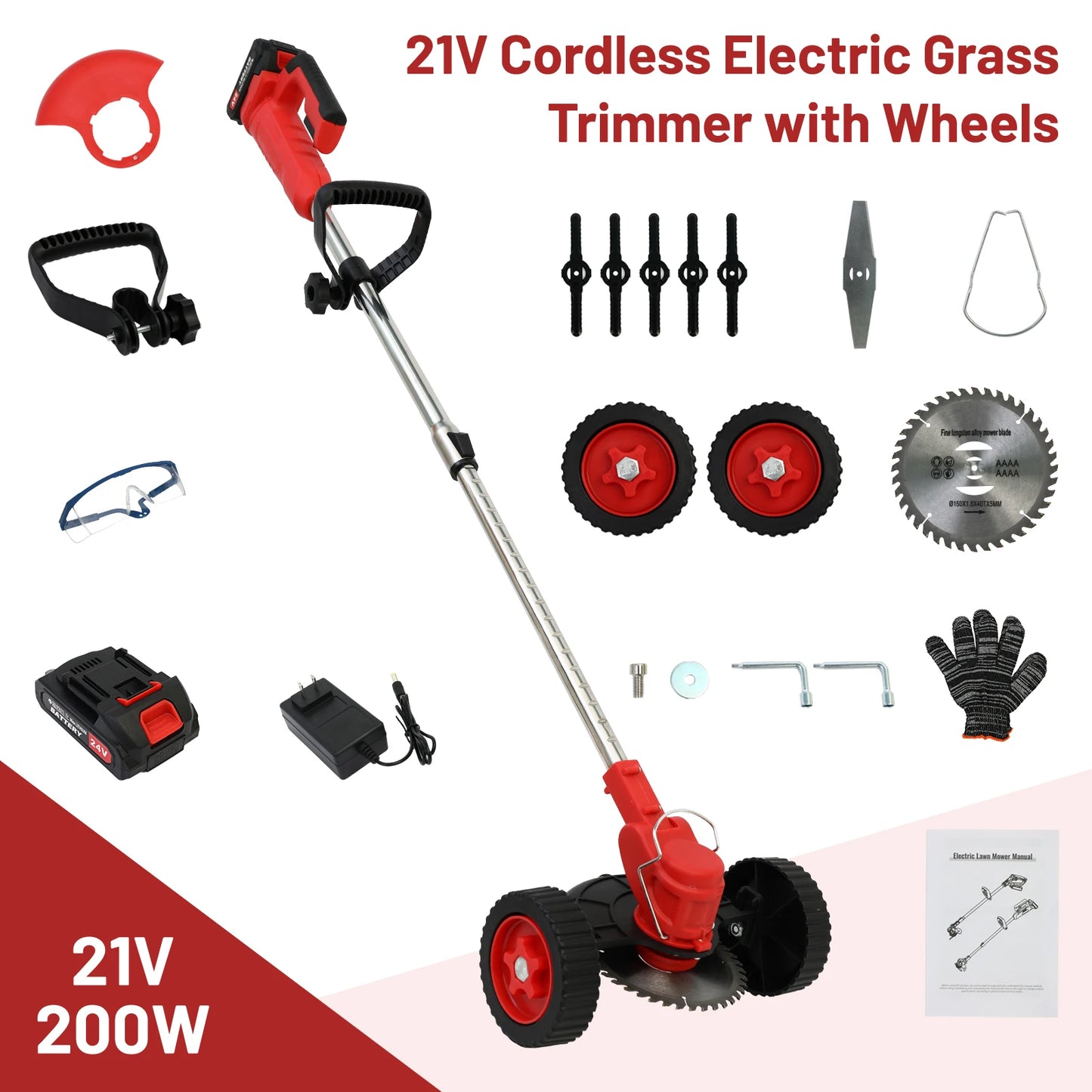 3-in-1 Cordless Grass Trimmer Electric Lawn Mower Edger Weed Wacker 21V with Wheels Battery 3 Cutting Blade Lawn Garden Tool