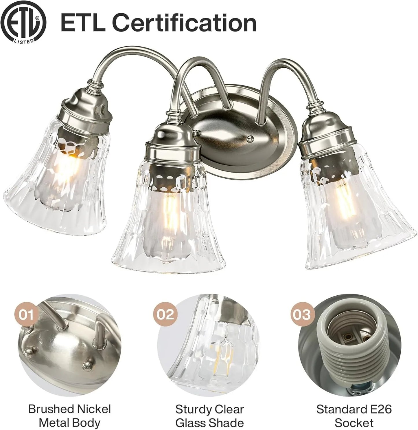 3-Light Bathroom Light Fixtures, Modern Wall Lights w/ Glass Shades for Bathroom