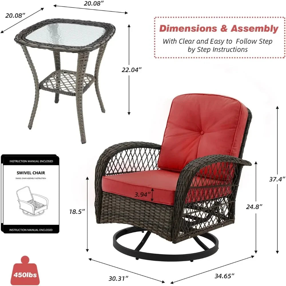 3 Pieces Outdoor Swivel Rocker Patio Chairs, with Glass Coffee Table, 360 Degree Rocking Patio Conversation Set