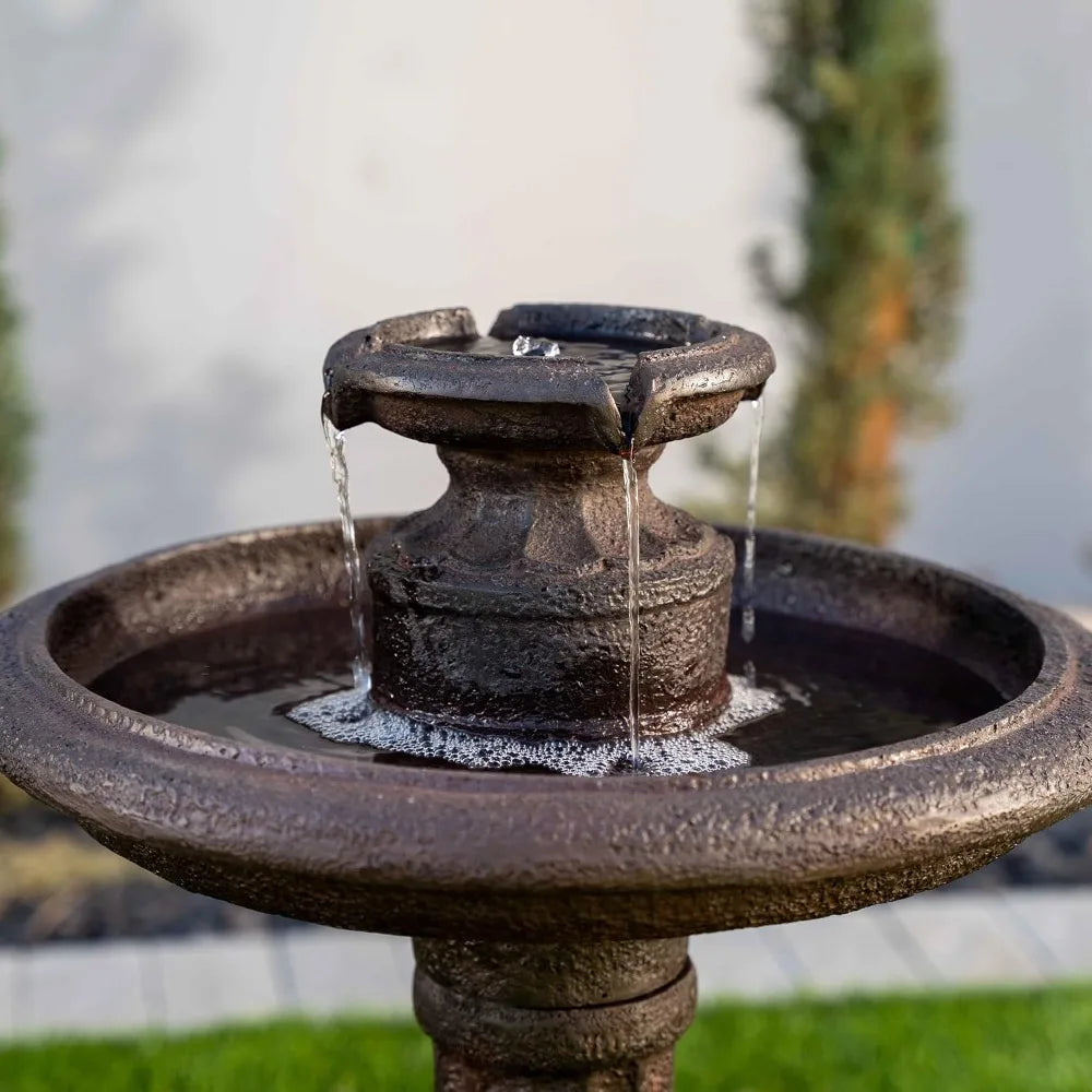 28 Solar-Powered Outdoor Birdbath Fountain – Large Brown Resin Water Fountain with Solar Panel for Lawn and Garden Decor