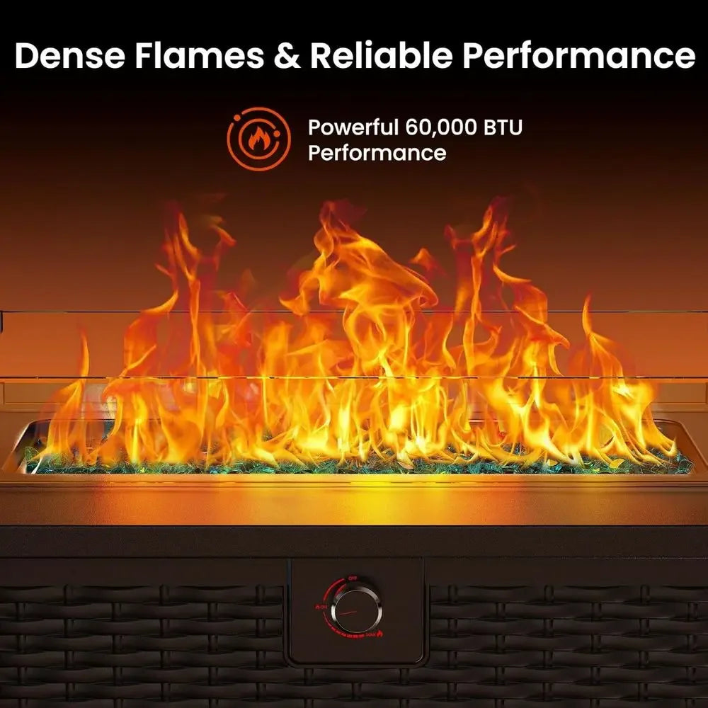 43 Outdoor Propane Fire Pit Table with 60k BTU Burner, Premium Glass Rocks, Wind Guard, Waterproof Cover, and Cup Holders for Pa