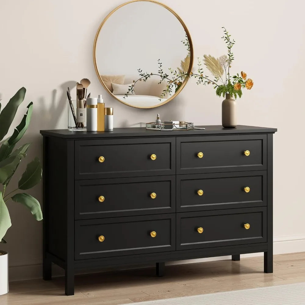 Black Dresser for Bedroom, 6 Drawer Dresser with Wide Drawer and Metal Handles, Wood Dressers & Chests of Drawers for Hallway