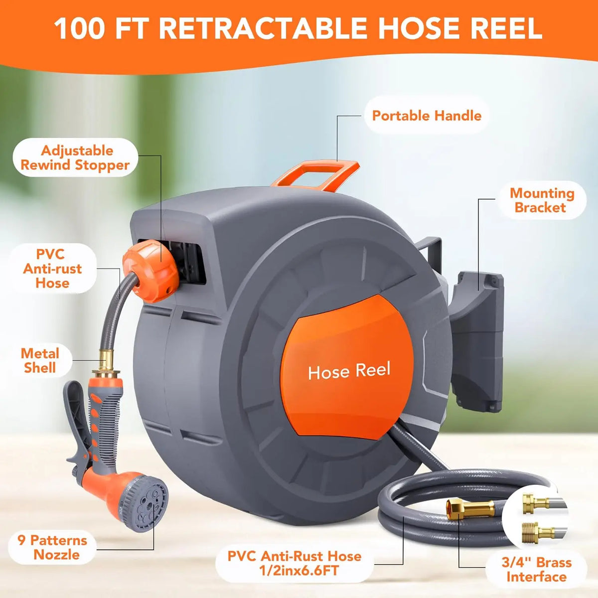 Retractable Garden Hose Reel 1/2 In x 100 FT Wall Mounted Water Hose Reels for Outside with 9 Function Sprayer Nozzle