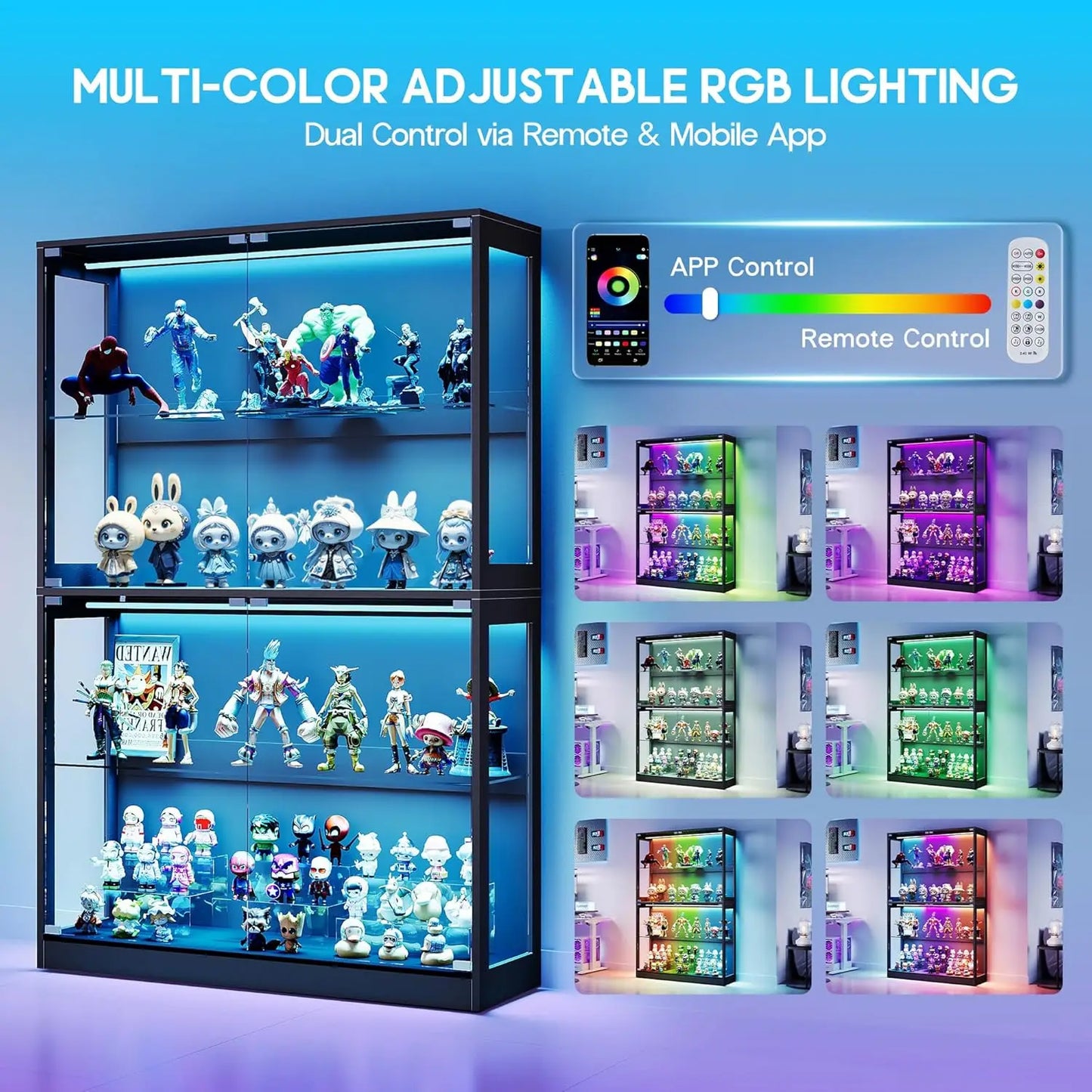70 Inch High 45 Inch Wide 16 Inch Deep Black 4 Tier RGB LED Lighted Glass Door Display Cabinet With Adjustable Shelves