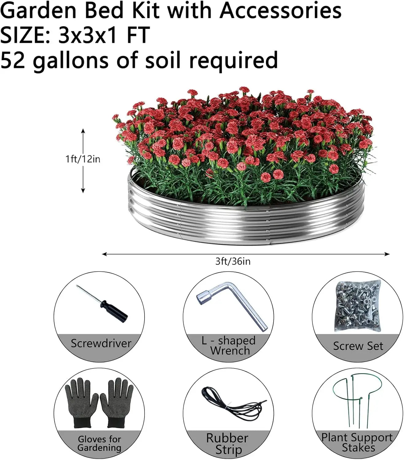 Galvanized Metal Round Raised Garden Bed Kit, 3x3x1FT Outdoor Planter Box for Gardening