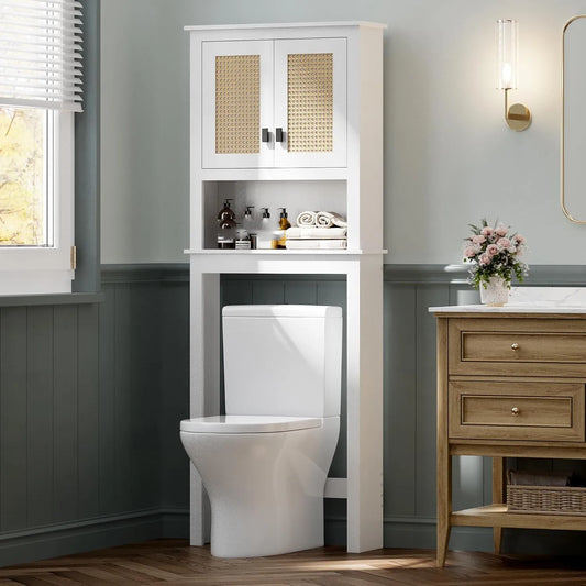 Over The Toilet Storage Cabinet, Farmhouse Over Toilet Bathroom Organizer with Rattan Doors, Freestanding Wood Above Toilet