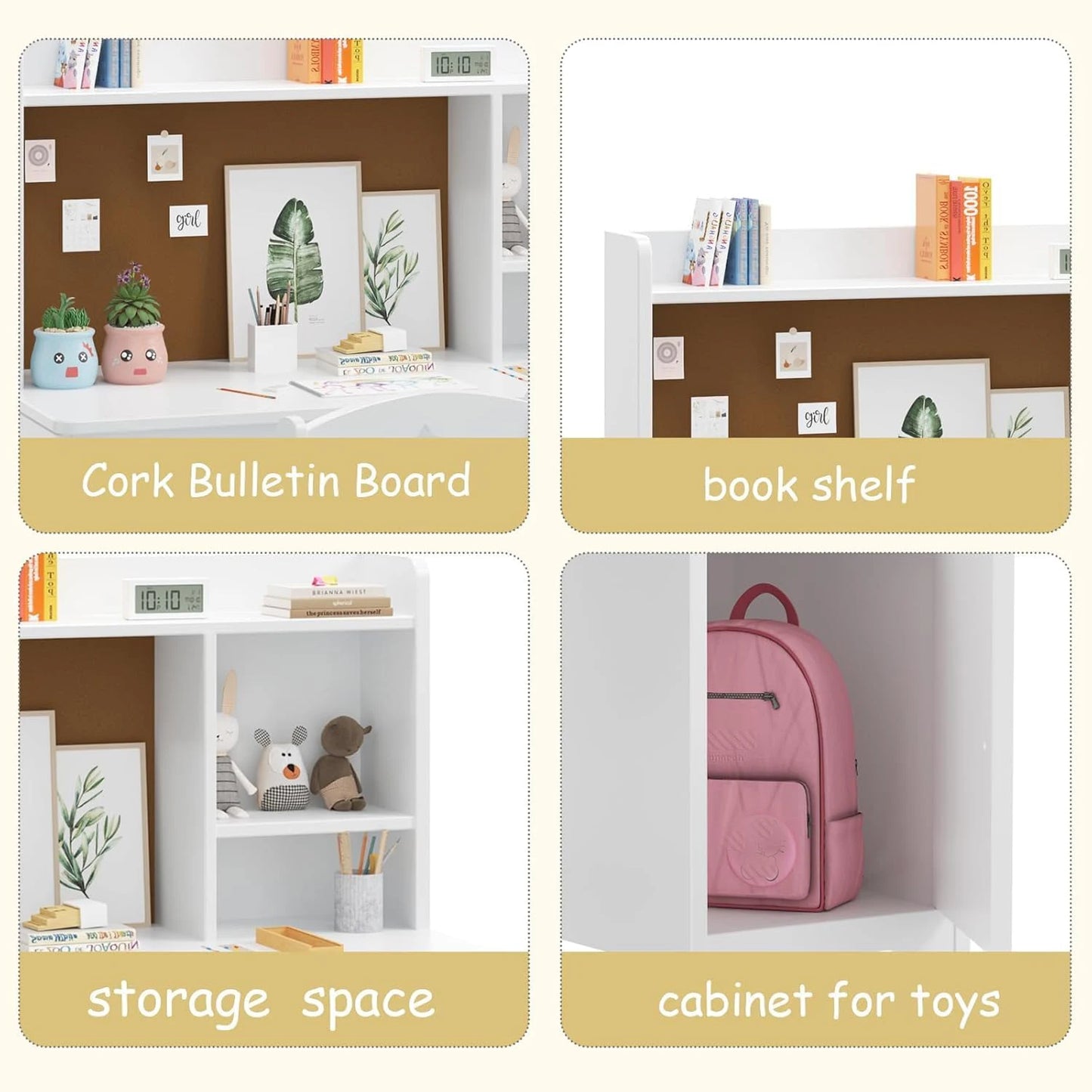 Kids Study Desk and Chair Set Wooden Student Writing Desk with Hutch & Storage Cabinet,Computer Workstation for Bedroom