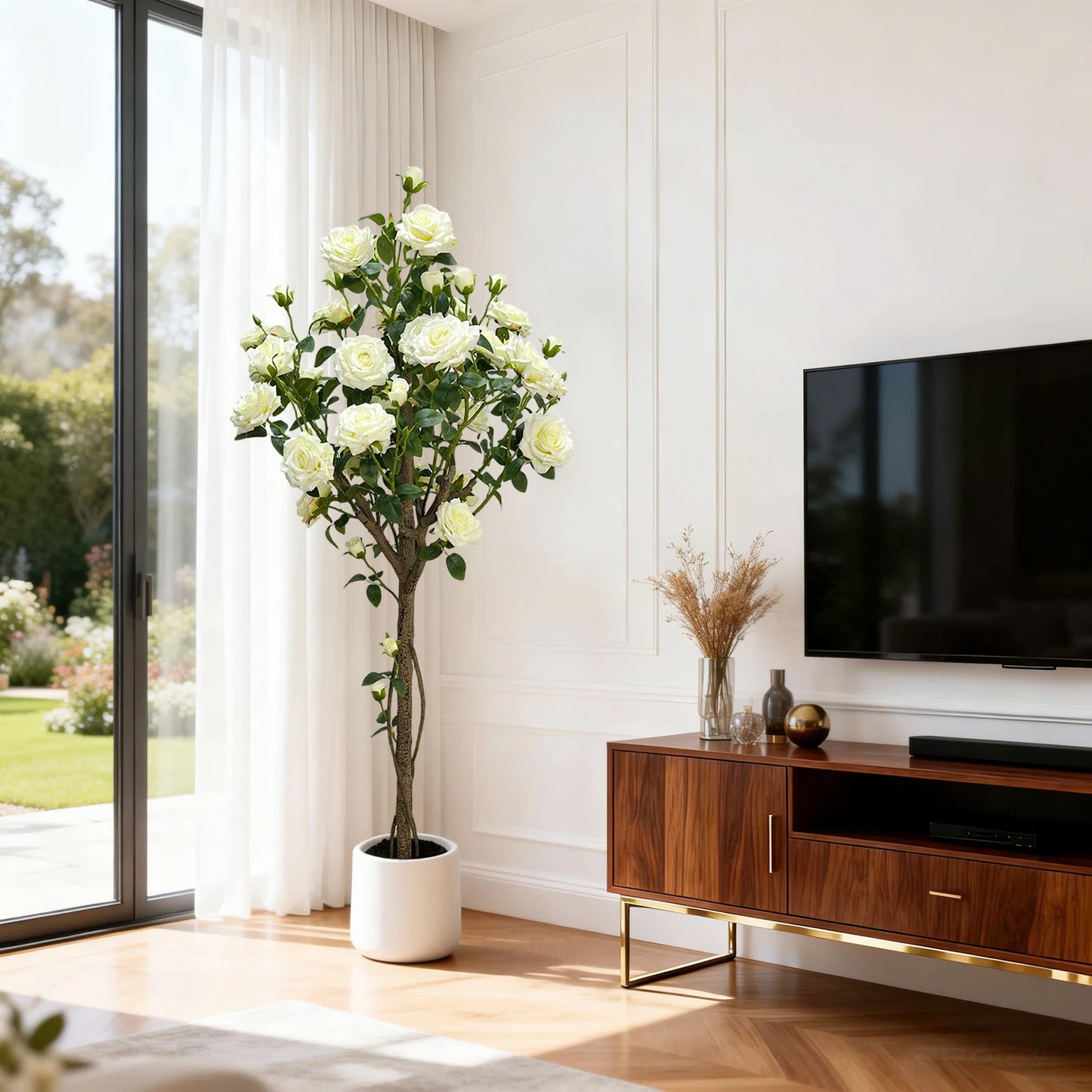 150cm  Fake Flower Tree Artificial White Rose Artificial Flowers Faux Trees Indoor Decor Trees for Home Living Room Porch Farmho