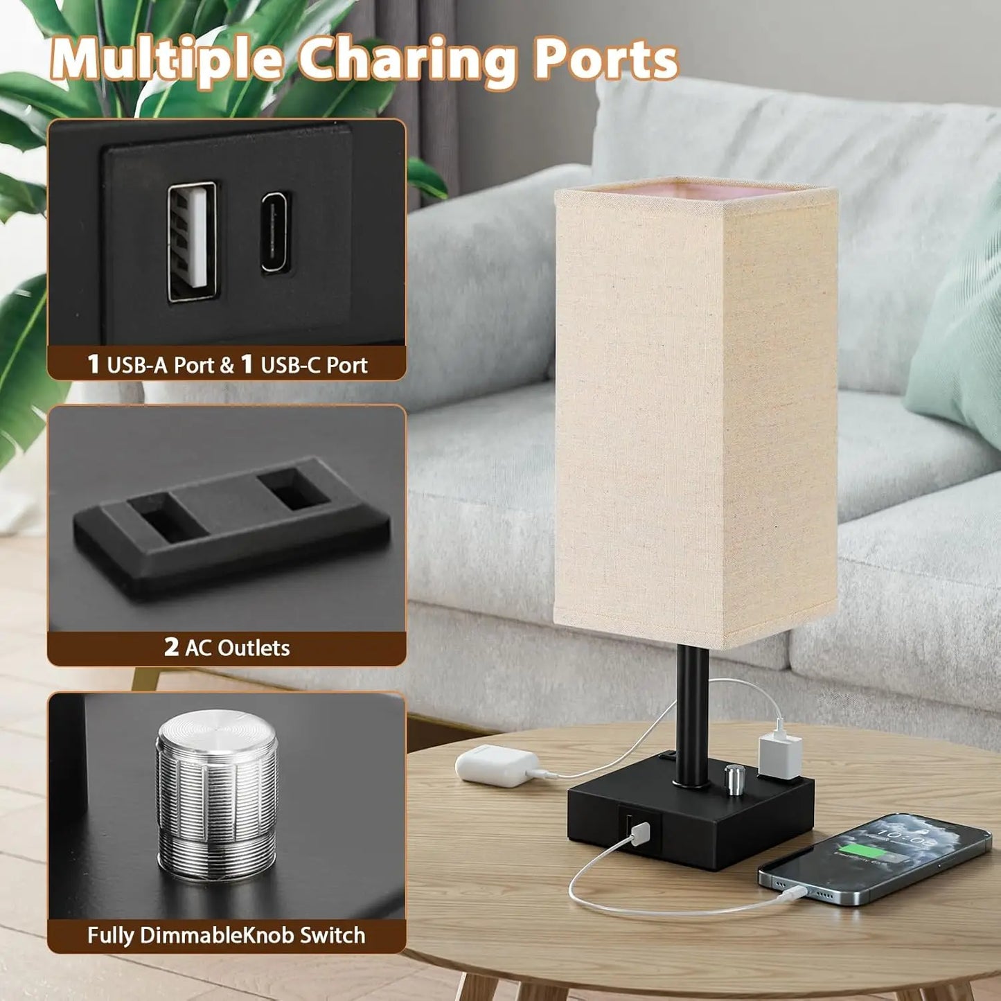 Fully Dimmable Nightstand Lamps Set of 2 with USB C+A Charging Ports & AC Outlets, Linen Shade for Bedroom Living Room