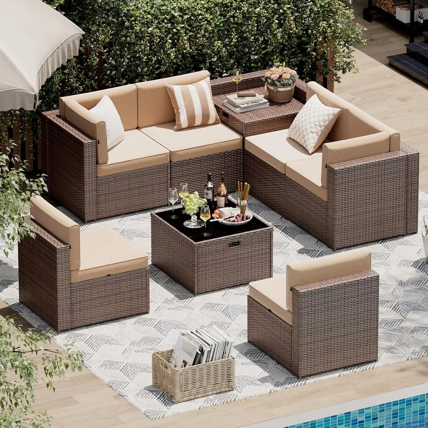 8 Piece Patio Furniture Set, Wicker Outdoor Furniture with Large Storage Table, Patio Conversation