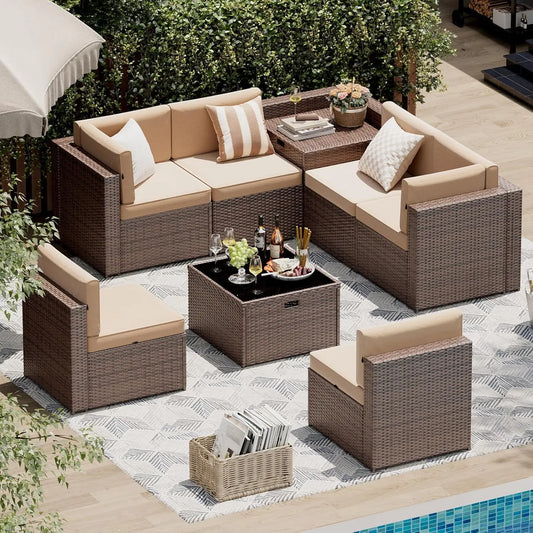 8 Piece Patio Furniture Set, Wicker Outdoor Furniture with Large Storage Table, Patio Conversation
