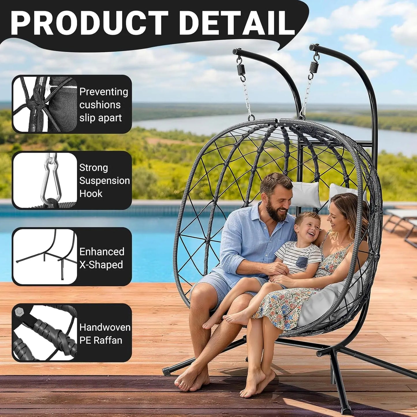 Double Egg Swing Chair with Stand - 2 Person Outdoor Patio Hanging Wicker Hammock Chair with Cushion, Customized