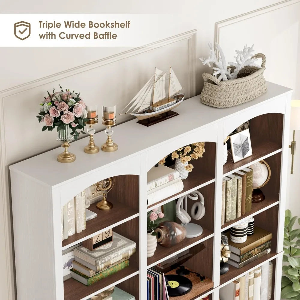 71" Triple Wide Bookshelf, 6 Tier Tall Bookcase with Curved Baffle, 18 Open Shelves for Living Room, Study