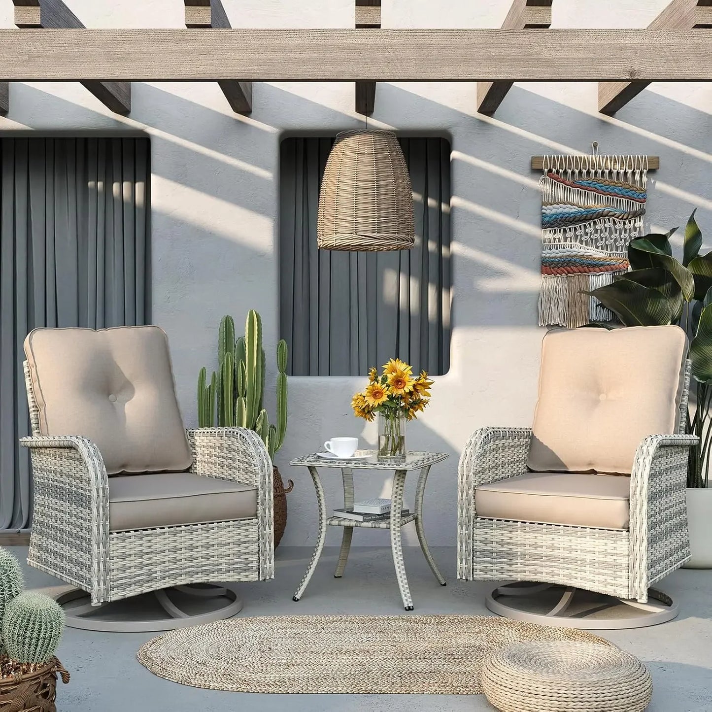 Patio Rocking Swivel Chair Outdoor Wicker Rattan Bistro Set with Tempered Glass Side Table, and Balcony, Beige