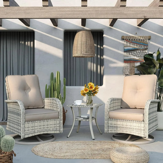 Patio Rocking Swivel Chair Outdoor Wicker Rattan Bistro Set with Tempered Glass Side Table, and Balcony, Beige