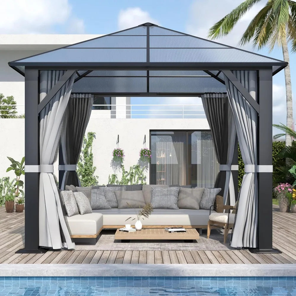 10'x10' Hardtop Gazebo with Polycarbonate Roof, Waterproof Outdoor Canopy, Steel Frame, Curtains & Netting for Backyard Garden