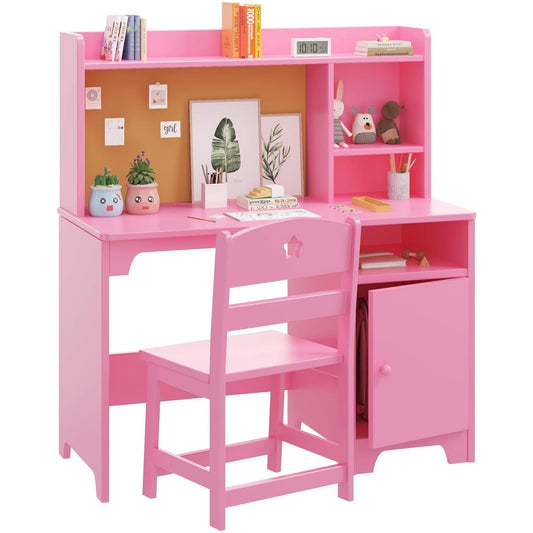 Kids Study Desk and Chair Set Wooden Student Writing Desk with Hutch & Storage Cabinet,Computer Workstation for Bedroom