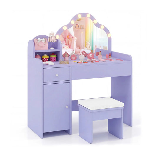 Kids Vanity Set, Princess Pretend Play Makeup Desk with Cute Cloud-Shaped Mirror