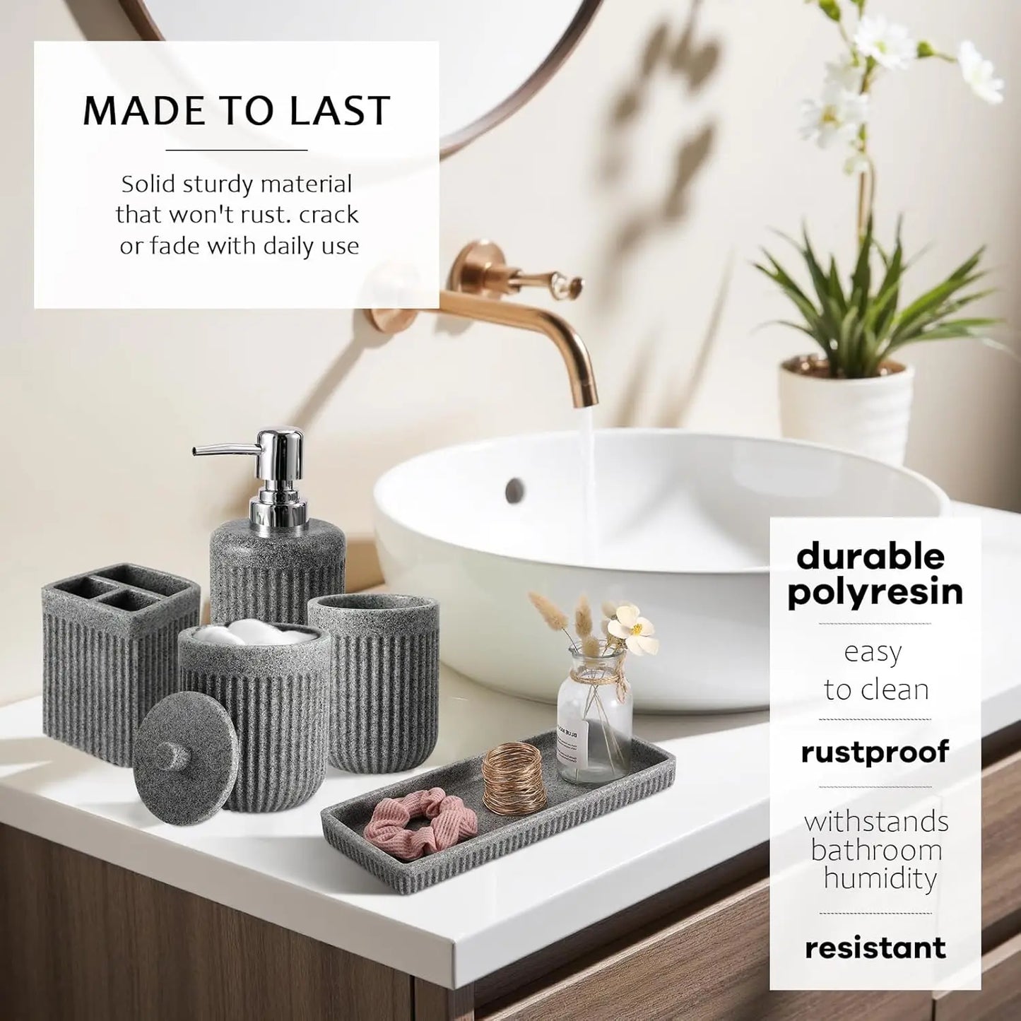 8-Piece Grey Bathroom Set with Shower Curtain, Rugs, Soap Dispenser & Organizers - Resin Accessories for Modern Homes
