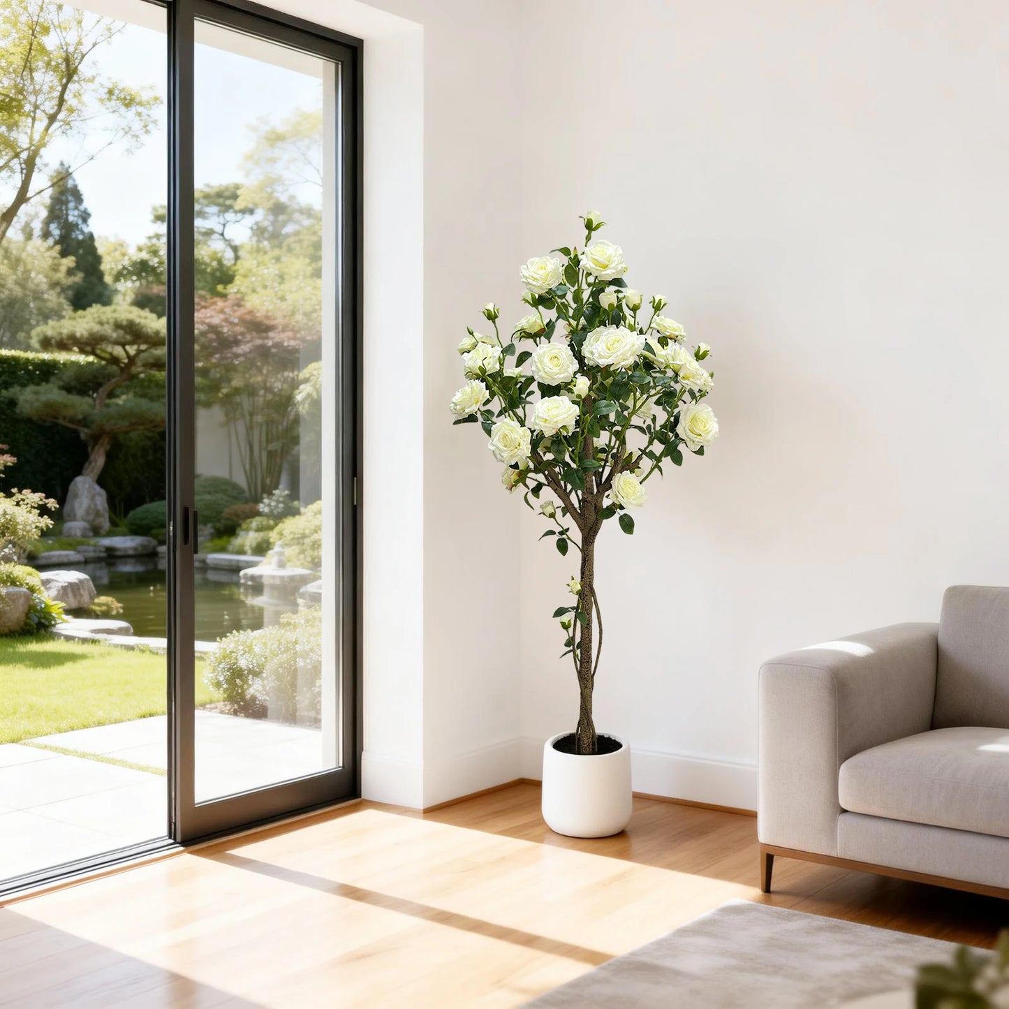 150cm  Fake Flower Tree Artificial White Rose Artificial Flowers Faux Trees Indoor Decor Trees for Home Living Room Porch Farmho