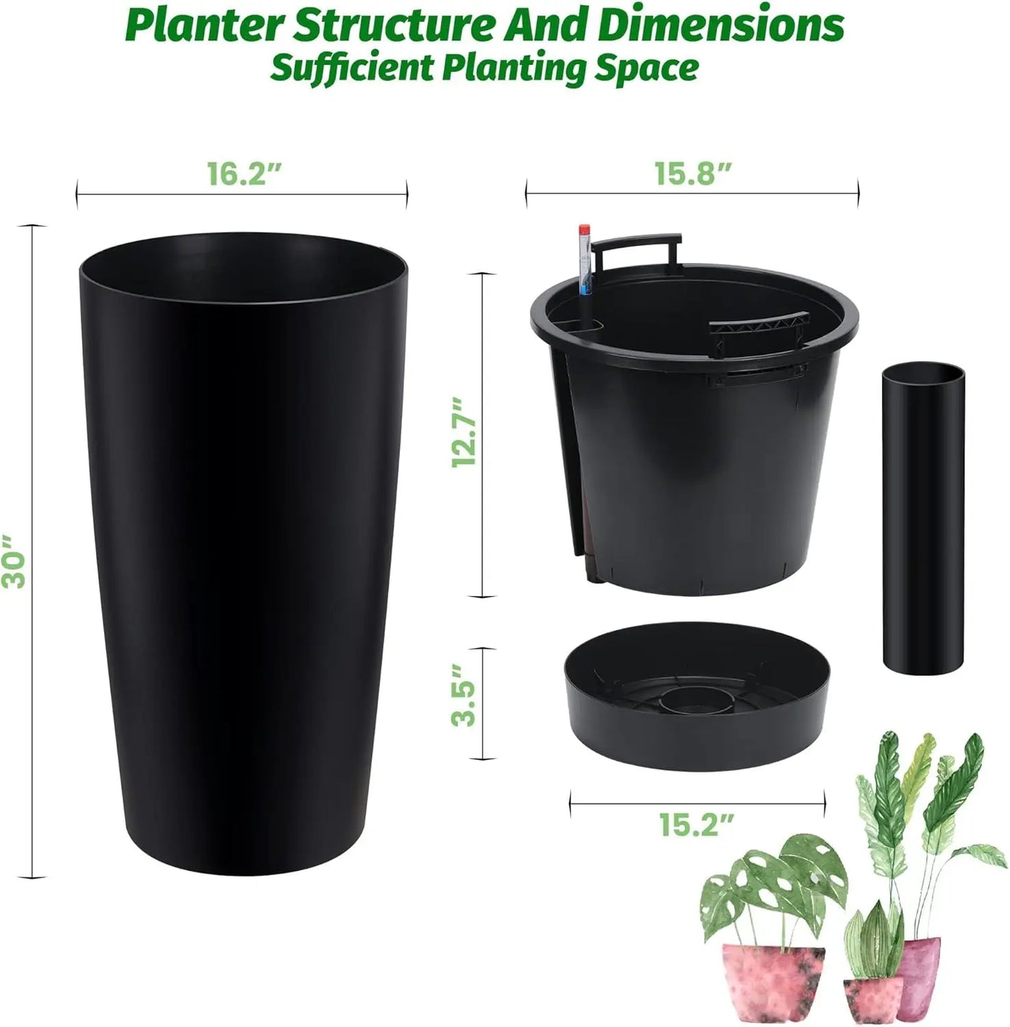 Outdoor Planters for Outdoor Plants, 30 Inch Self Watering Planters Set of 2 with Inner Bucket, Water Level Monitor and Drainage