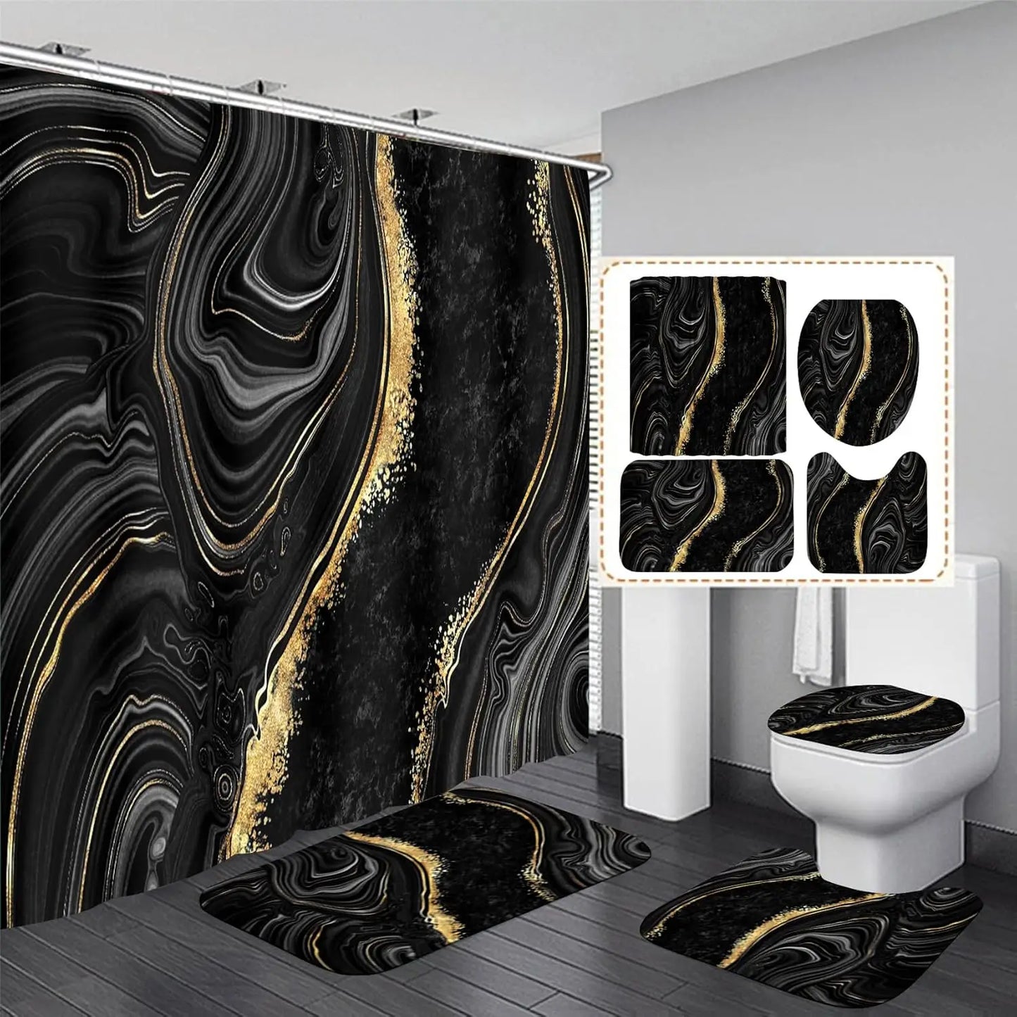4-Piece Black Marble Shower Curtain Set with Gold Rugs, Modern Abstract Bathroom Decor Accessories Including Toilet Lid Cover