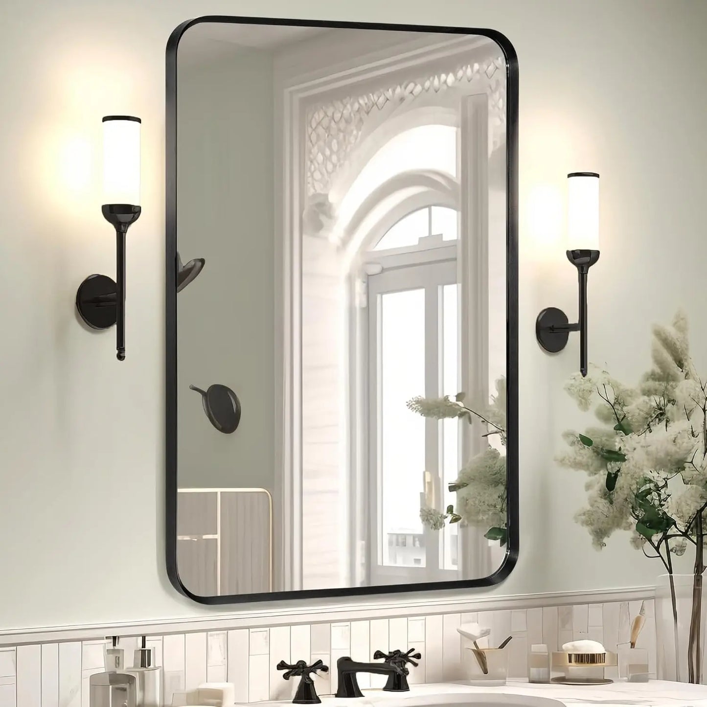 Wall Mount Bathroom Mirror, Brushed Black Metal Frame, Rounded Corner Rectangular Vanity Mirror (24" x 36", Black)