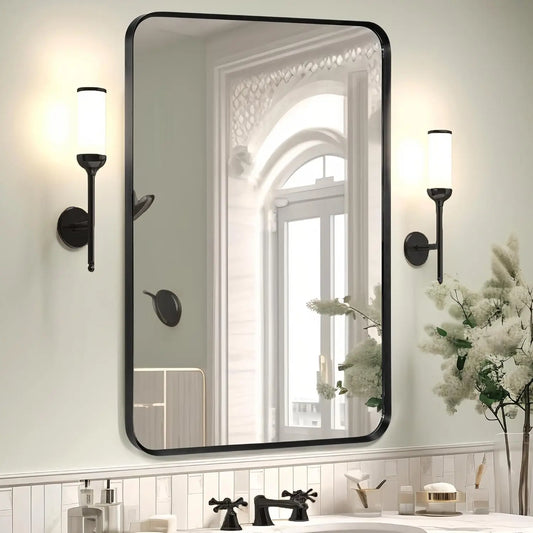 Wall Mount Bathroom Mirror, Brushed Black Metal Frame, Rounded Corner Rectangular Vanity Mirror (24" x 36", Black)
