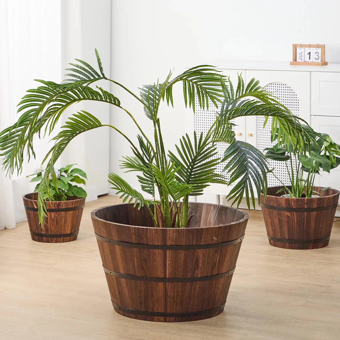 26 in Wood Whiskey Barrel Planter, 26" Dia x 15.8" H.