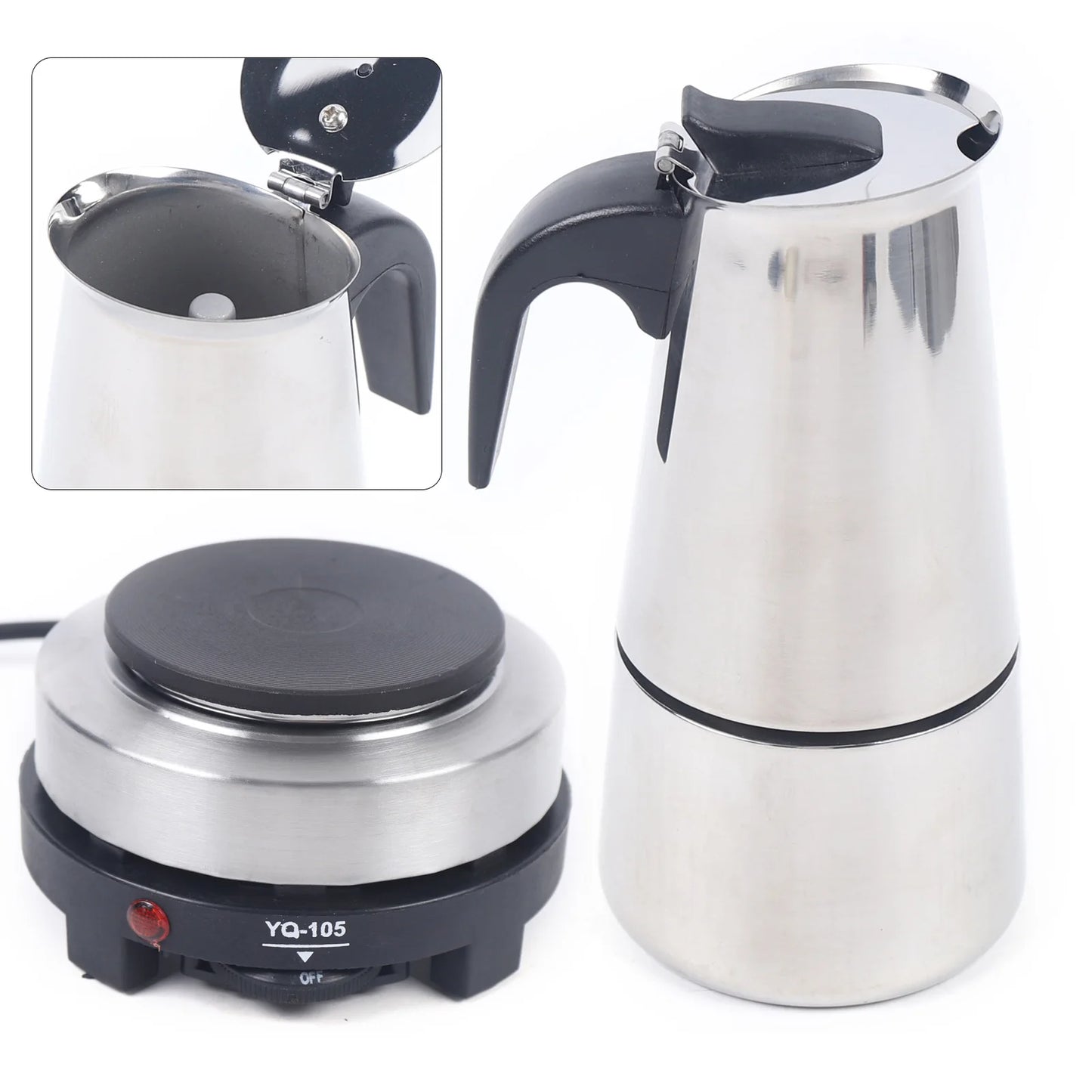 6 Cup (300ml) Stainless Steel Moka Pot, 500W 110V Espresso Maker Coffee Pot with Electric Stove, for Home, Office, Cafe, Silver
