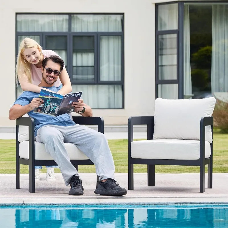 Outdoor Furniture Set, 2Pcs Patio Armchairs, Metal Modern Outside Furniture with 6'' Thick Cushions, Outdoor Conversation Set