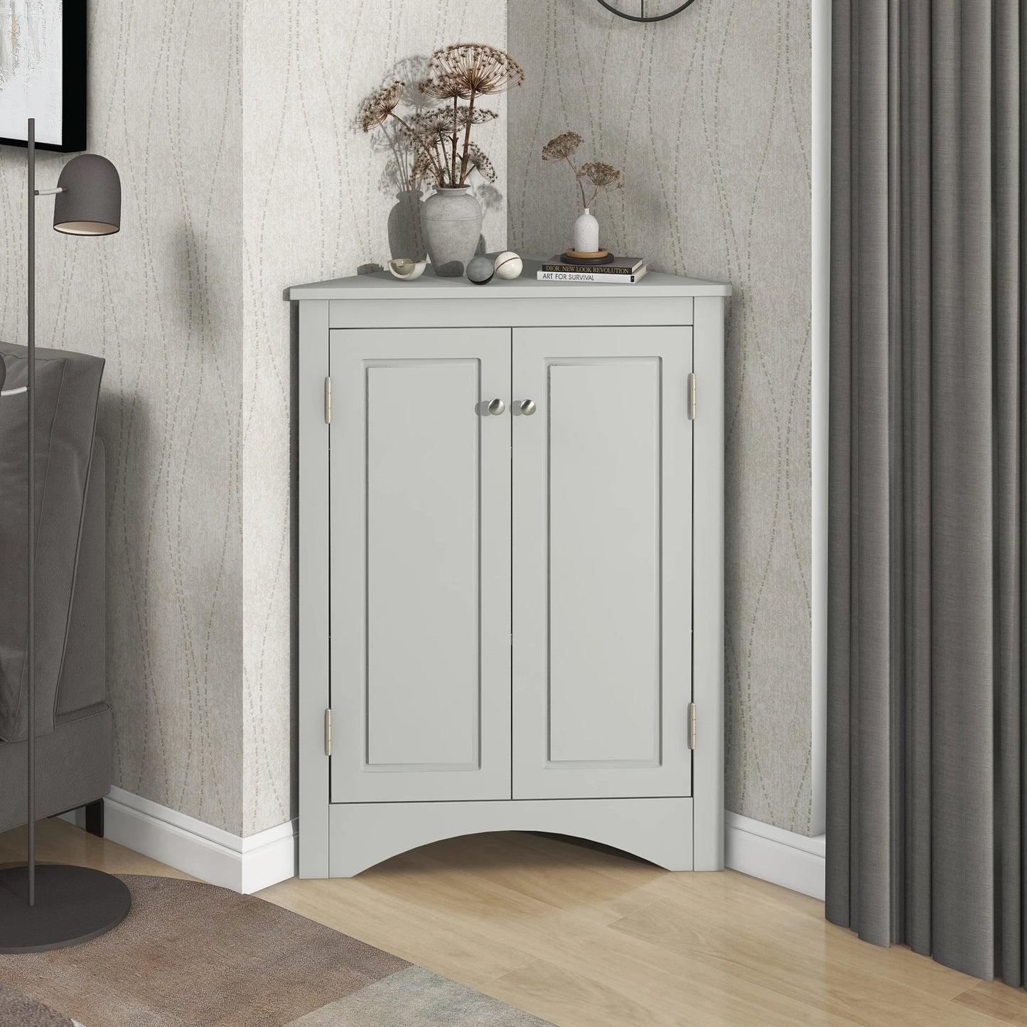 Grey color  Triangle Bathroom Storage Cabinet with Adjustable Shelves, Freestanding Floor Cabinet for Home Kitchen