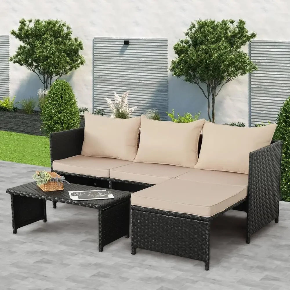 3-Piece Outdoor Wicker Patio Furniture Set with Loveseat, Sofa, and Cushions