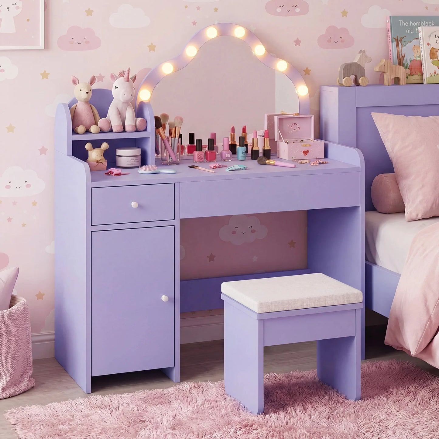 Kids Vanity Set, Princess Pretend Play Makeup Desk with Cute Cloud-Shaped Mirror