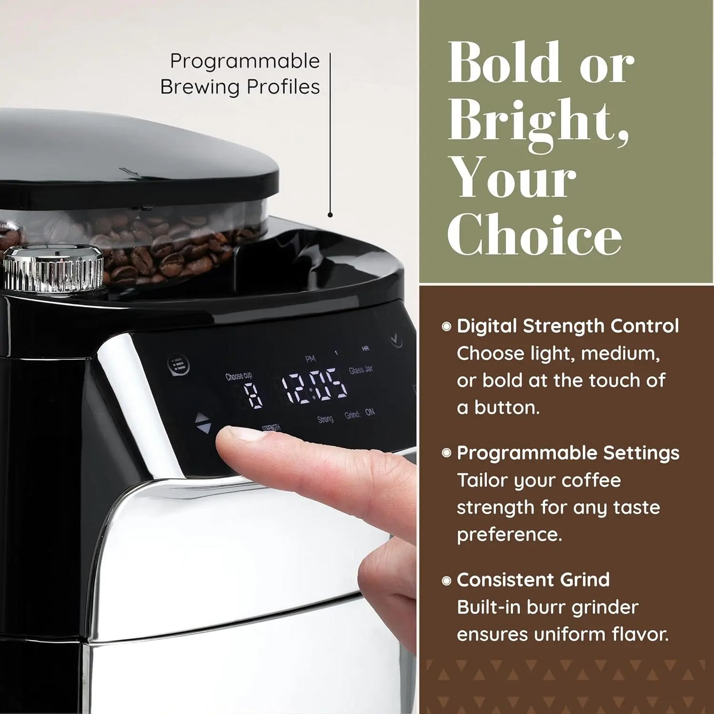 12-Cup Digital Drip Coffee Maker with Built-In Burr Grinder | Programmable Coffee Machine | Reusable Filter and, Customized