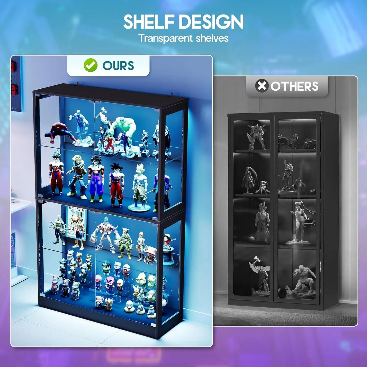 70 Inch High 45 Inch Wide 16 Inch Deep Black 4 Tier RGB LED Lighted Glass Door Display Cabinet With Adjustable Shelves
