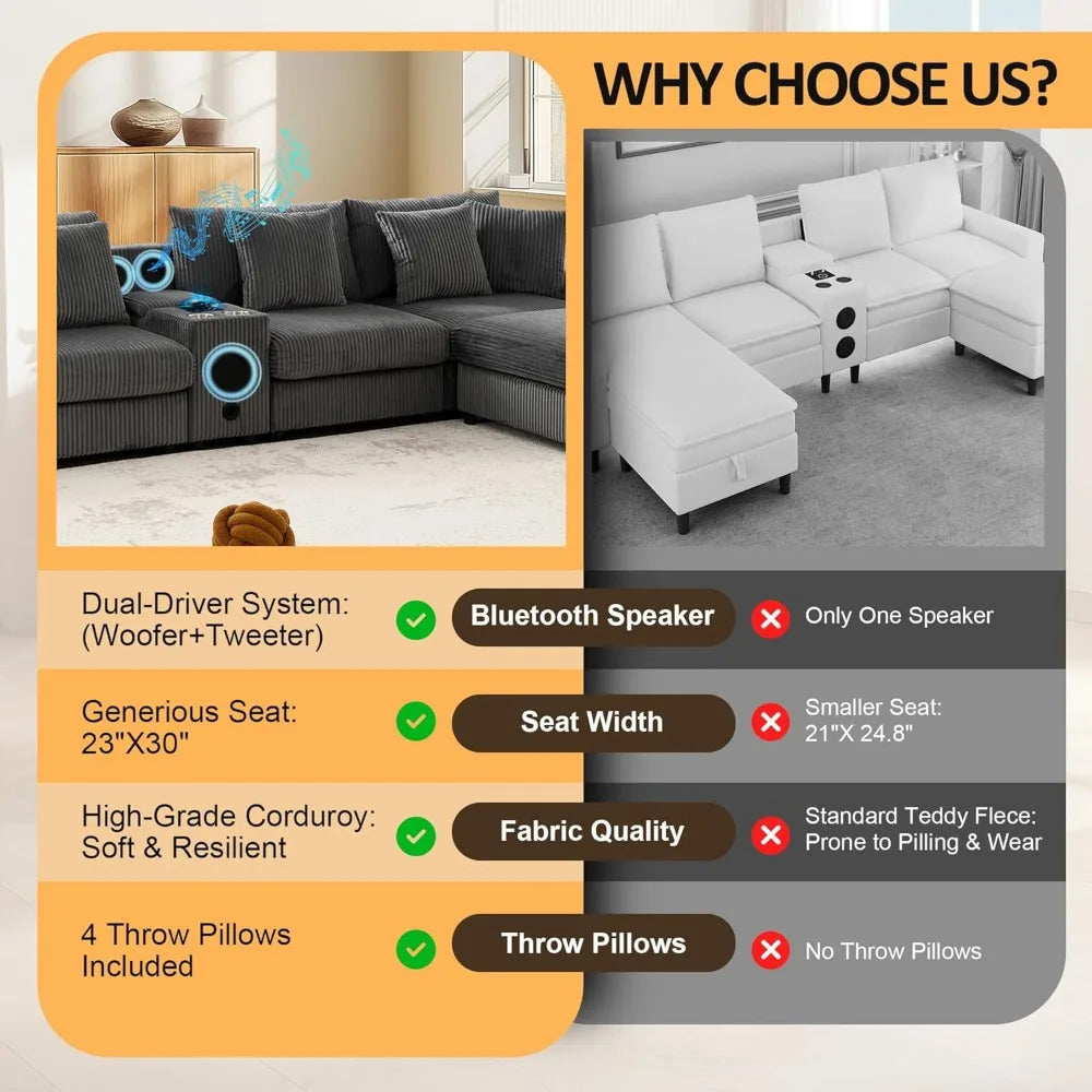 Corduroy L-Shaped Sectional Sofa 114' with Bluetooth Speakers & USB Charging Comfy Reclining Couch with Ottoman And Cup Holders