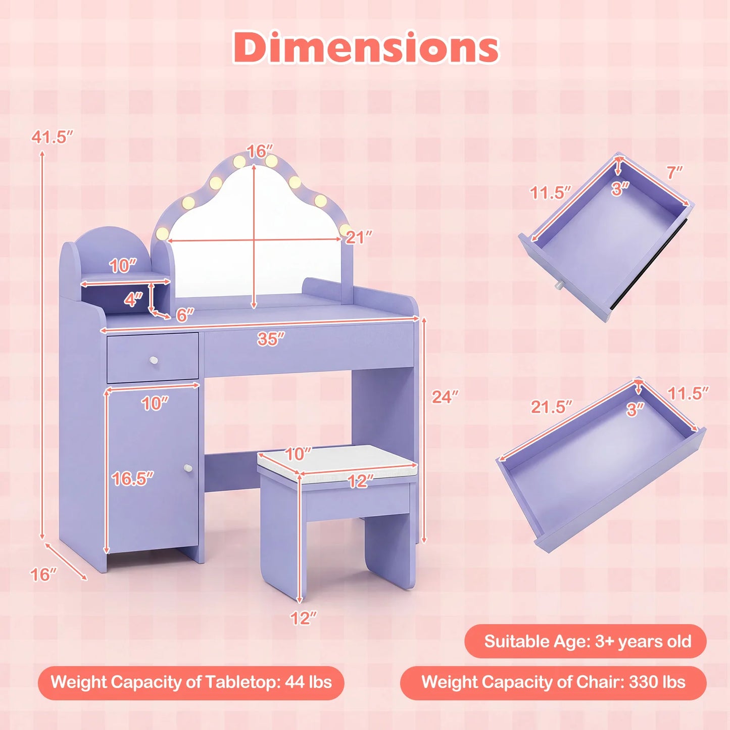 Kids Vanity Set, Princess Pretend Play Makeup Desk with Cute Cloud-Shaped Mirror