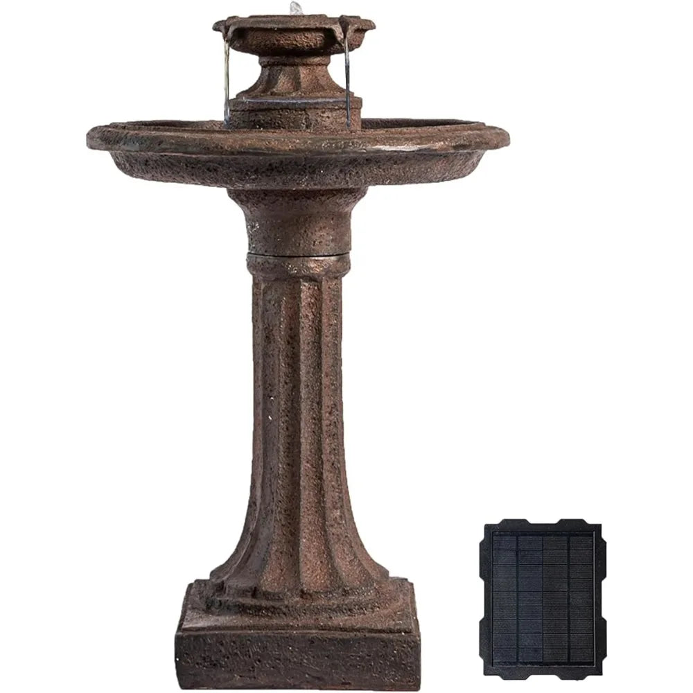28 Solar-Powered Outdoor Birdbath Fountain – Large Brown Resin Water Fountain with Solar Panel for Lawn and Garden Decor