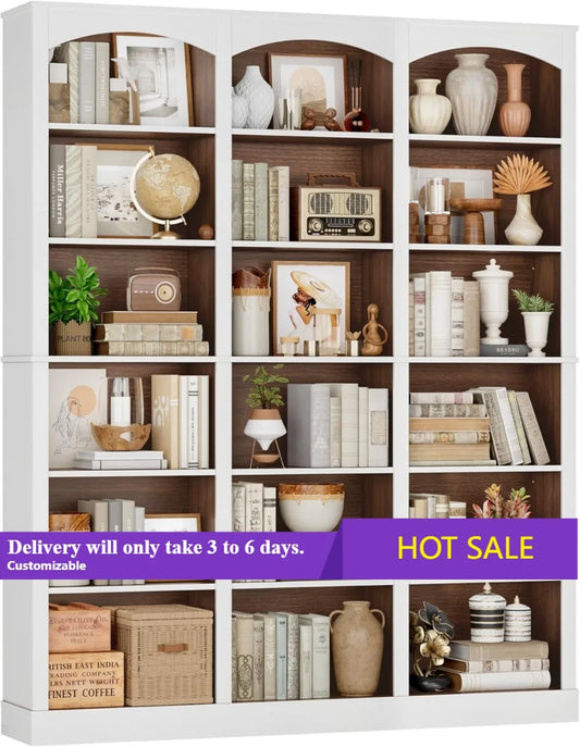 71" Triple Wide Bookshelf, 6 Tier Tall Bookcase with Curved Baffle, 18 Open Shelves for Living Room, Study