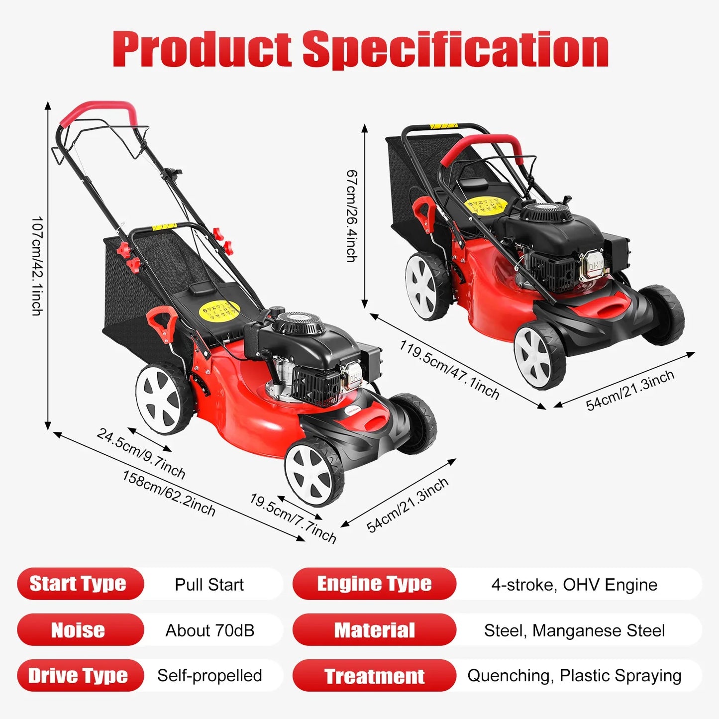 CNCEST 20Inch 140CC 4-Stroke Self Propelled Gas Powered Lawn Mower,  3-in-1 Lawn Mower with Grass Bag, 8 Gears Height Adjustable