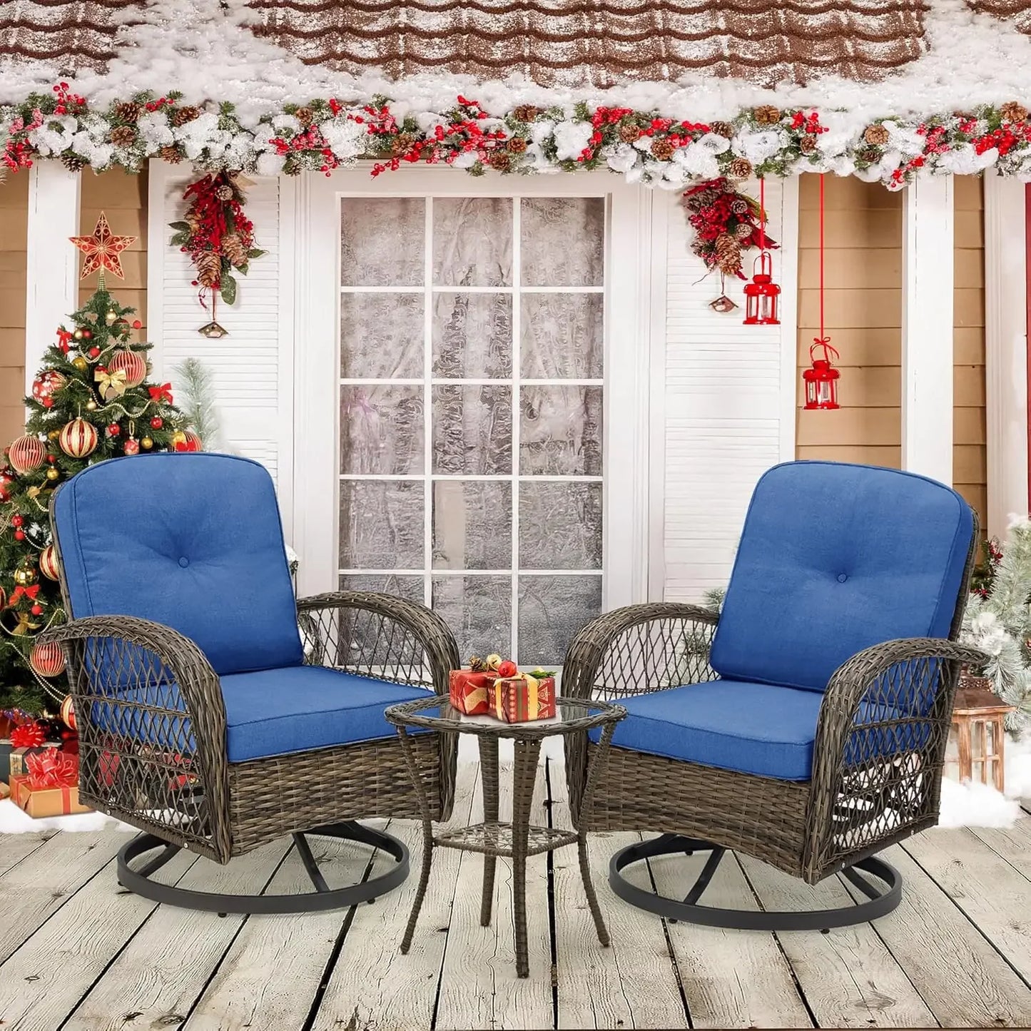 3 Pieces Outdoor Swivel Rocker Patio Chairs, with Glass Coffee Table, 360 Degree Rocking Patio Conversation Set