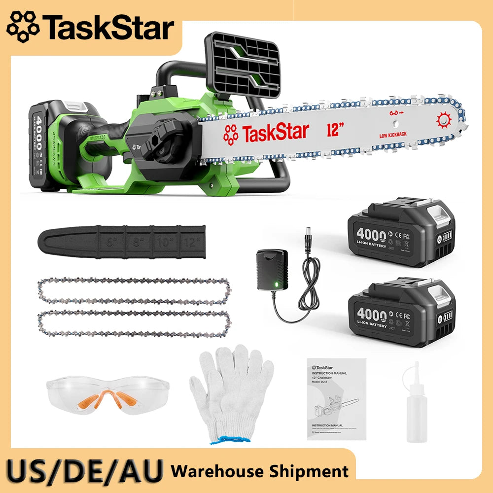 TaskStar 12-inch Brushless Electric Chainsaw Woodworking Cutting Garden Tool Cordless Electric Saw with 2 Rechargeable Batteries