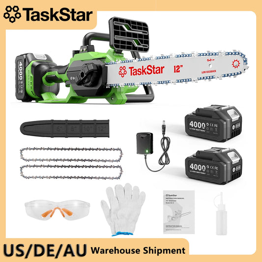 TaskStar 12-inch Brushless Electric Chainsaw Woodworking Cutting Garden Tool Cordless Electric Saw with 2 Rechargeable Batteries
