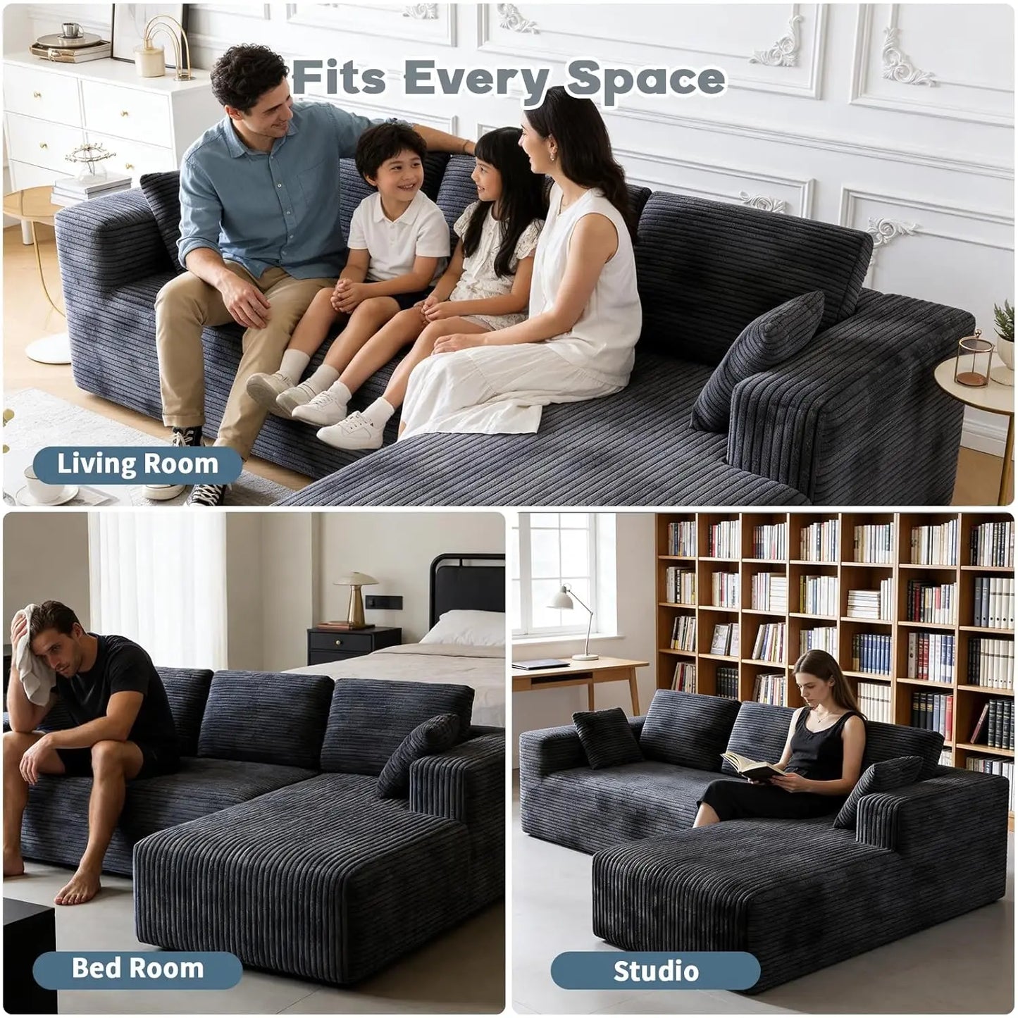 106" Corduroy Sectional Couch, Boneless L Shaped Couch with Deep Seat, Cloud Foam Sofa with Oversized Chaise,, Customized