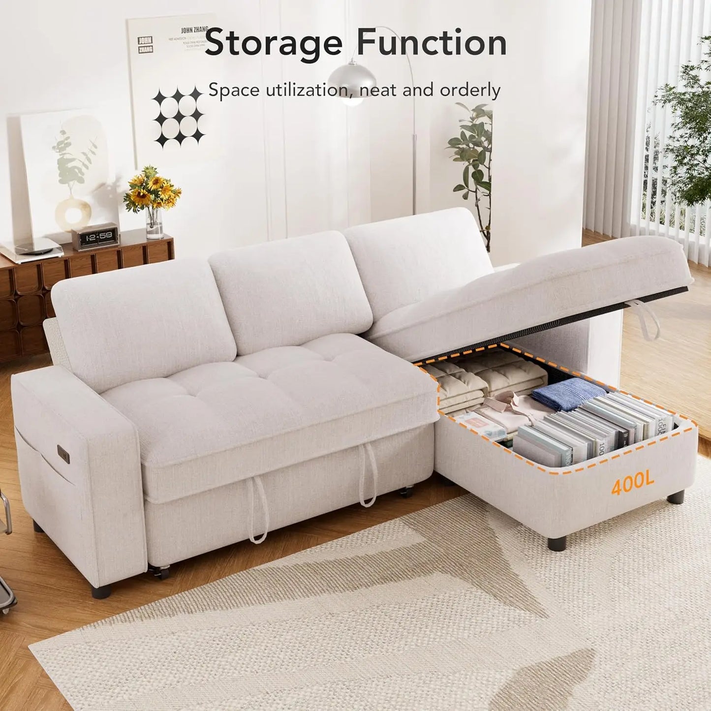 L Shaped Chenille Sleeper Sofa Pull Out Bed Reversible Storage Chaise USB Port Side Pocket Tool-Free Assembly 81" Customized